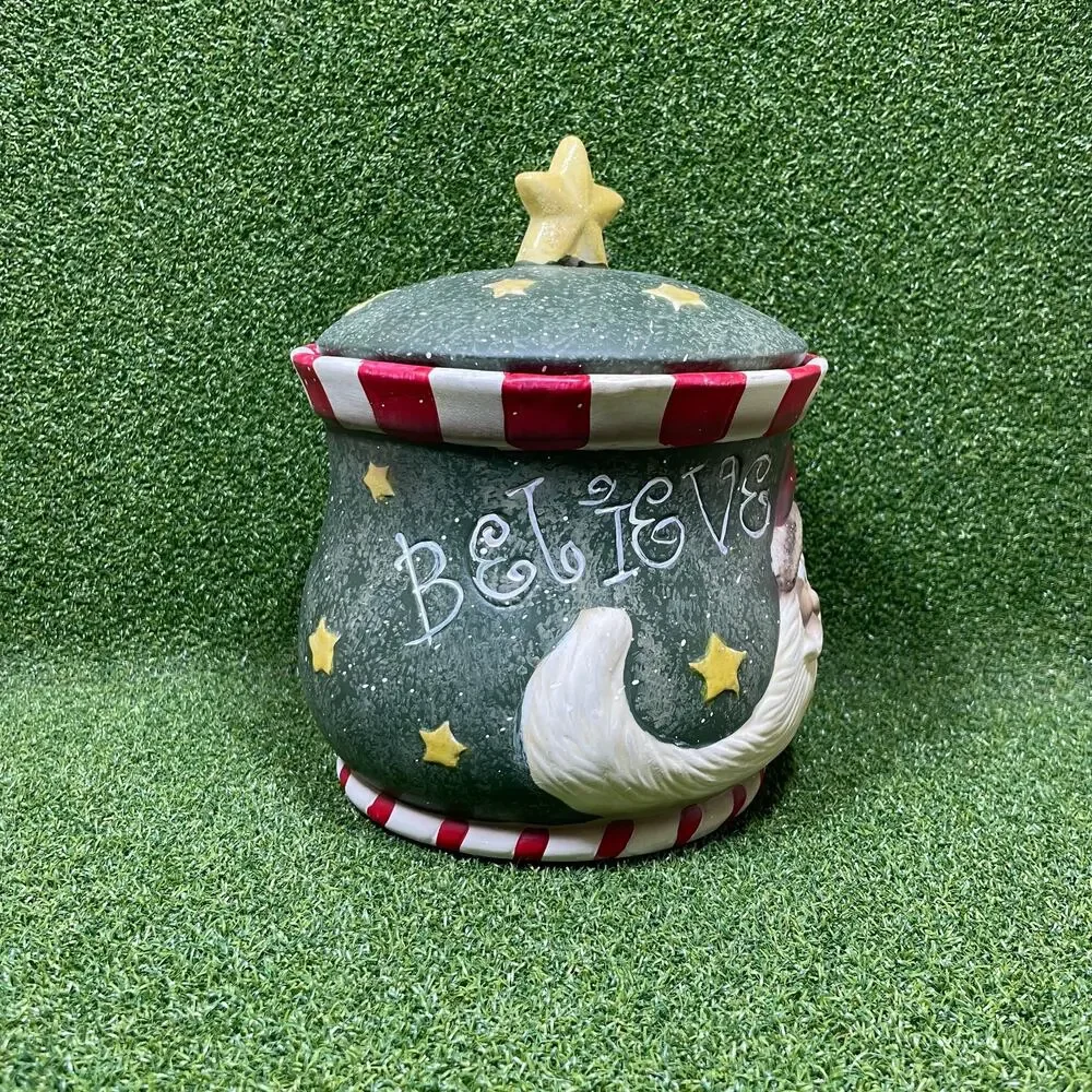 Vintage Christmas Santa Believe Ceramic Cookie Jar Canister